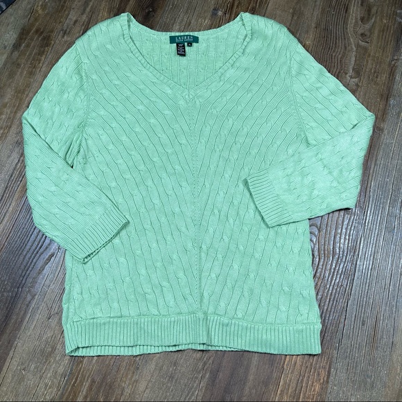 Lauren Ralph Lauren Sweaters - Lauren Ralph Lauren Green Cable Silk Knit V Neck
Sweater 3/4 Sleeve Sz XL